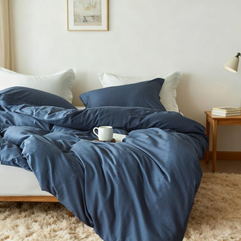 Simple&Opulence French Linen Duvet Cover Set 88" x 92"- 3 Pieces (1 Comforter Cover,2 Pillowcases)- Natural Flax Cotton Blend-Solid Color Breathable Farmhouse Bedding-Navy Blue, Queen - Image 3